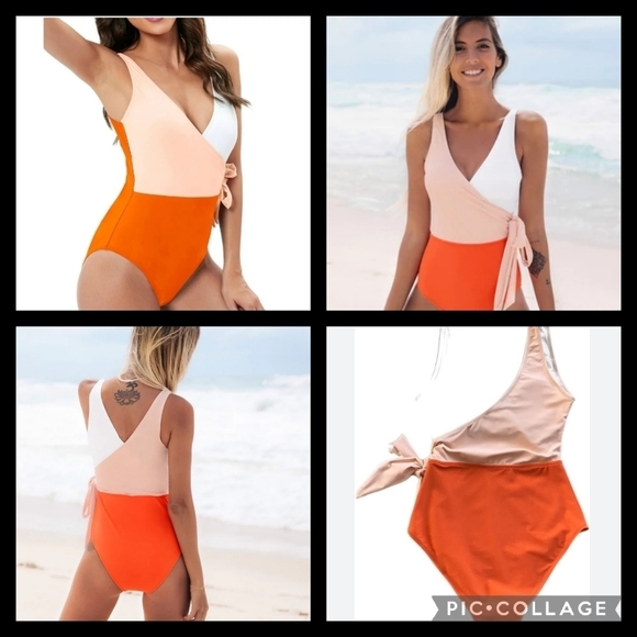 Orange,tan and white one piece swimsuit - Picture 4 of 6